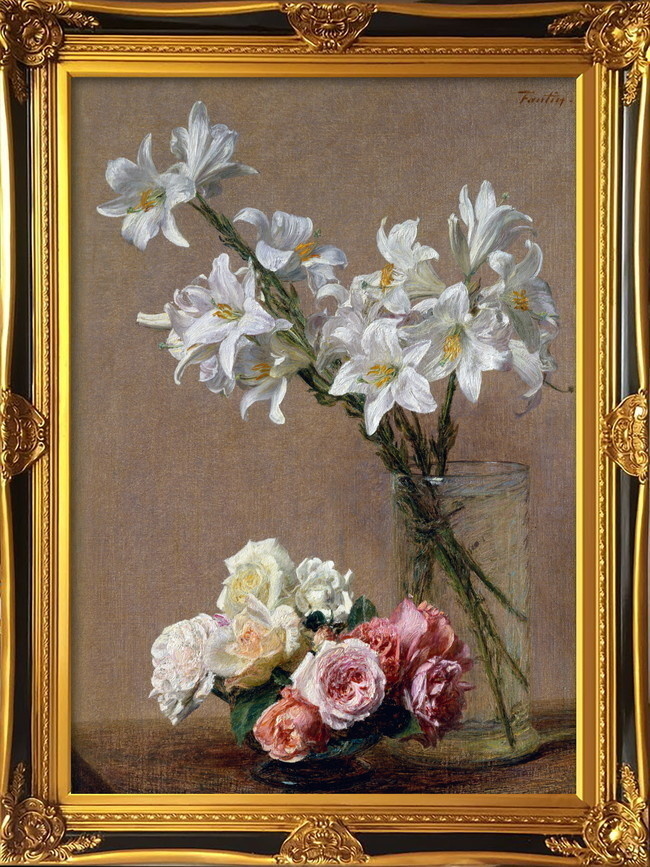 玫瑰百合花油画装饰画