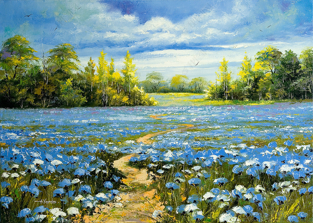 办公室蓝色花海风景油画装饰画